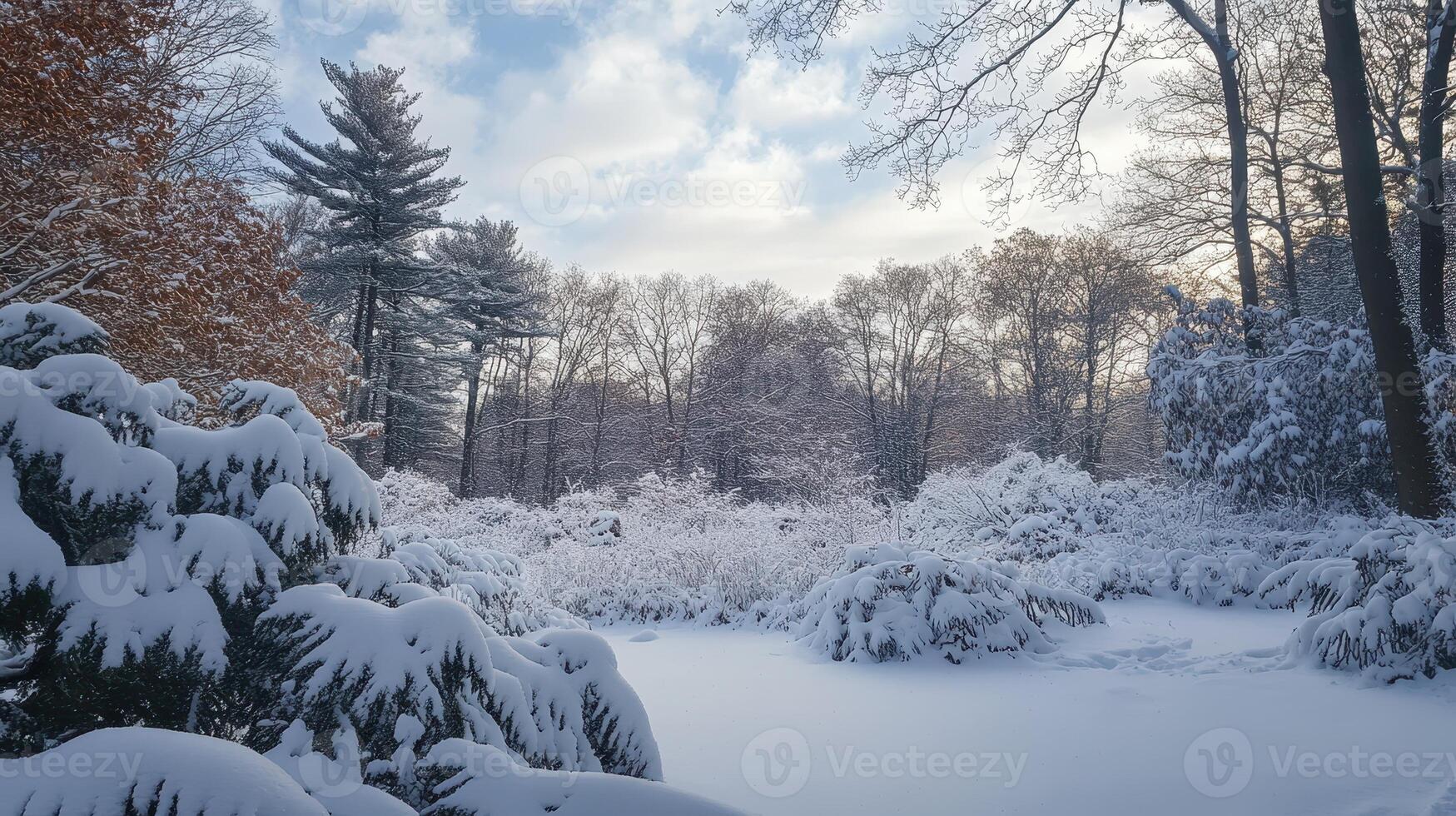 A serene winter landscape covered in snow, with trees and bushes in a peaceful setting photo