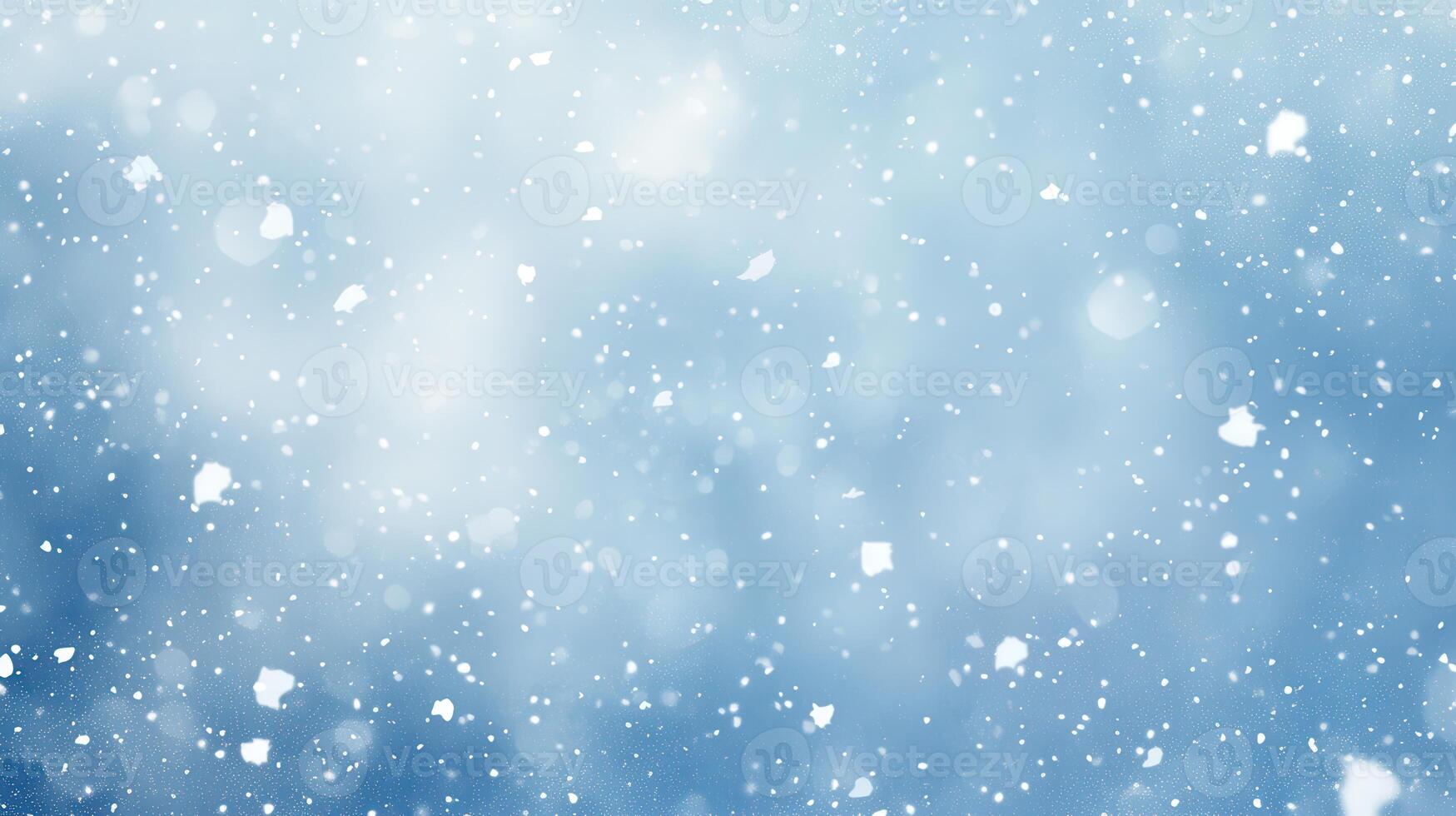 A serene winter scene with softly falling snowflakes against a blue background photo
