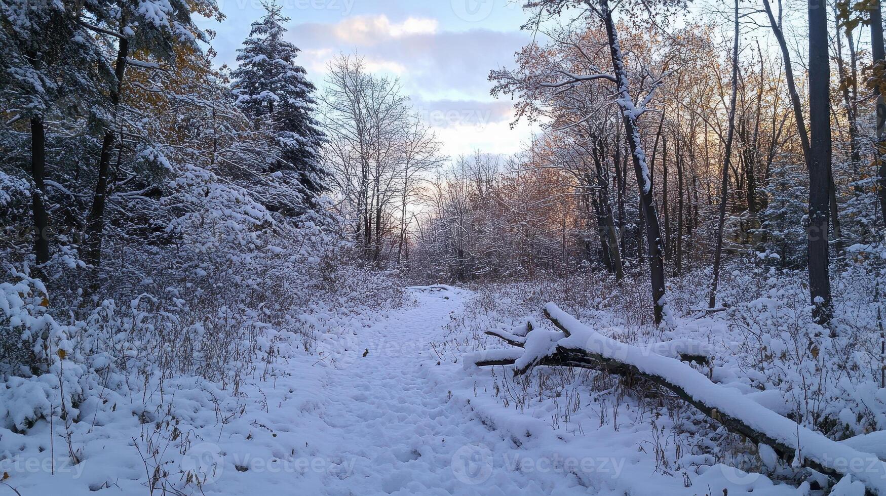A snowy path in a tranquil forest, capturing the beauty of winter nature photo