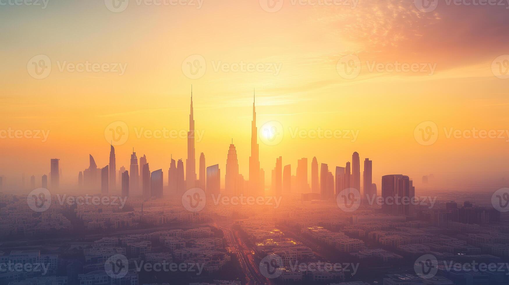 A stunning skyline at sunset, showcasing modern architecture and a vibrant atmosphere photo