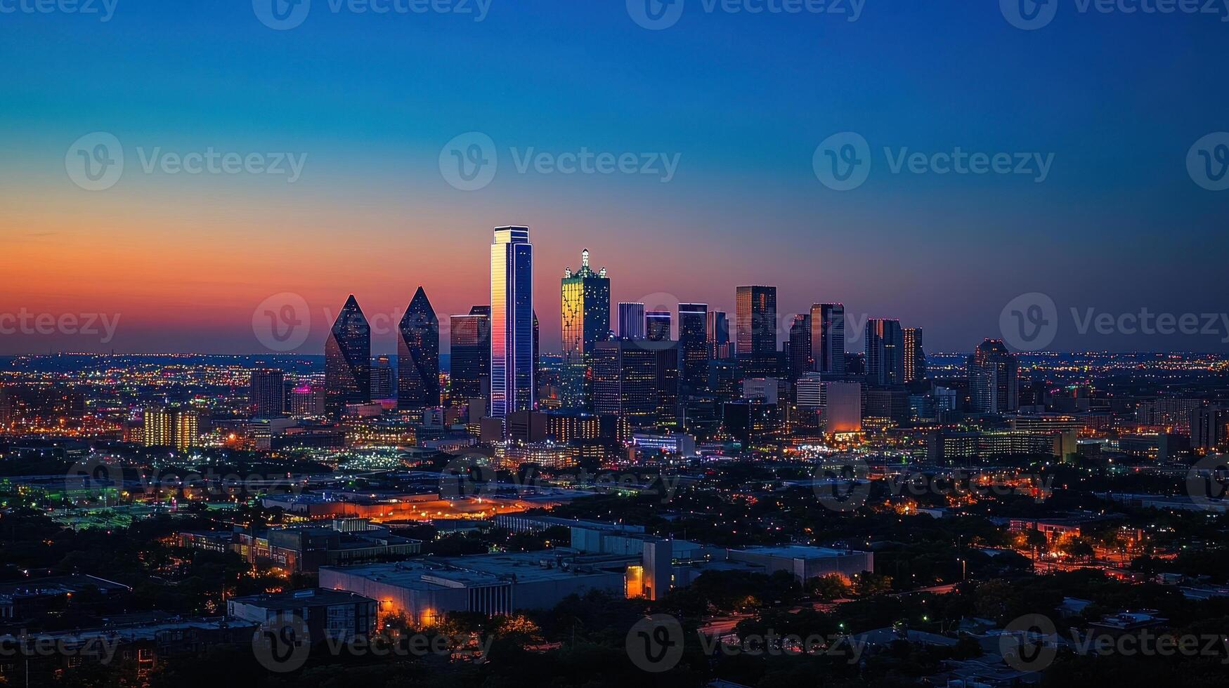 A vibrant city skyline at dusk, showcasing illuminated buildings against a colorful sky photo