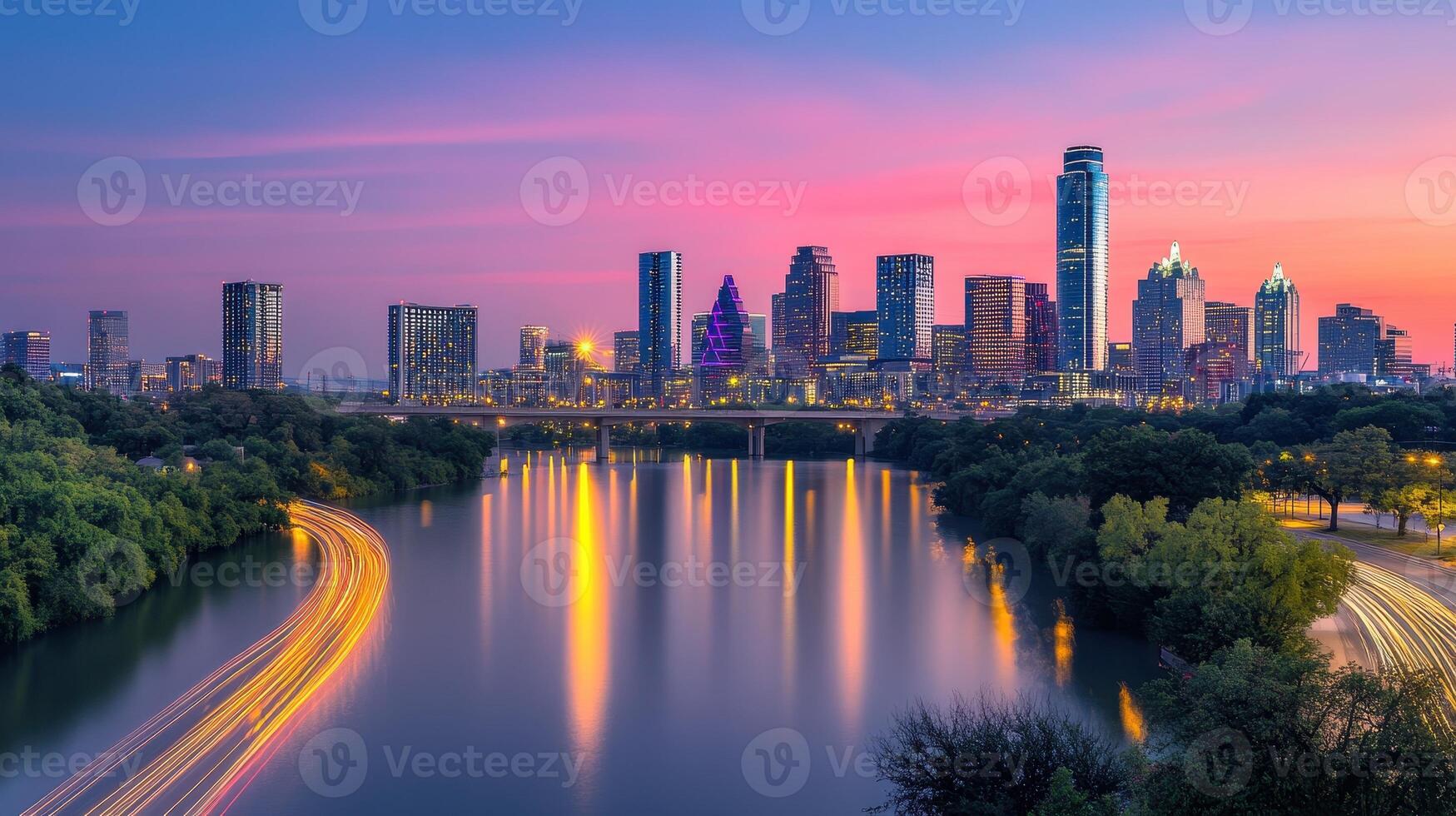 A vibrant city skyline at dusk reflecting on a river with colorful lights and a serene atmosphere photo