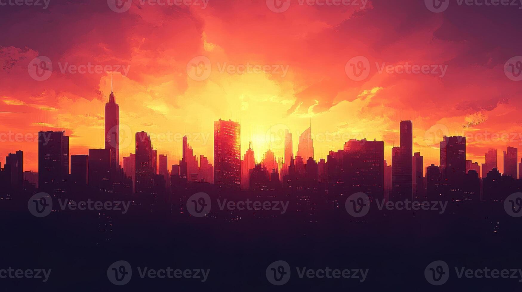 A vibrant sunset over a city skyline, showcasing silhouettes of skyscrapers against the sky photo
