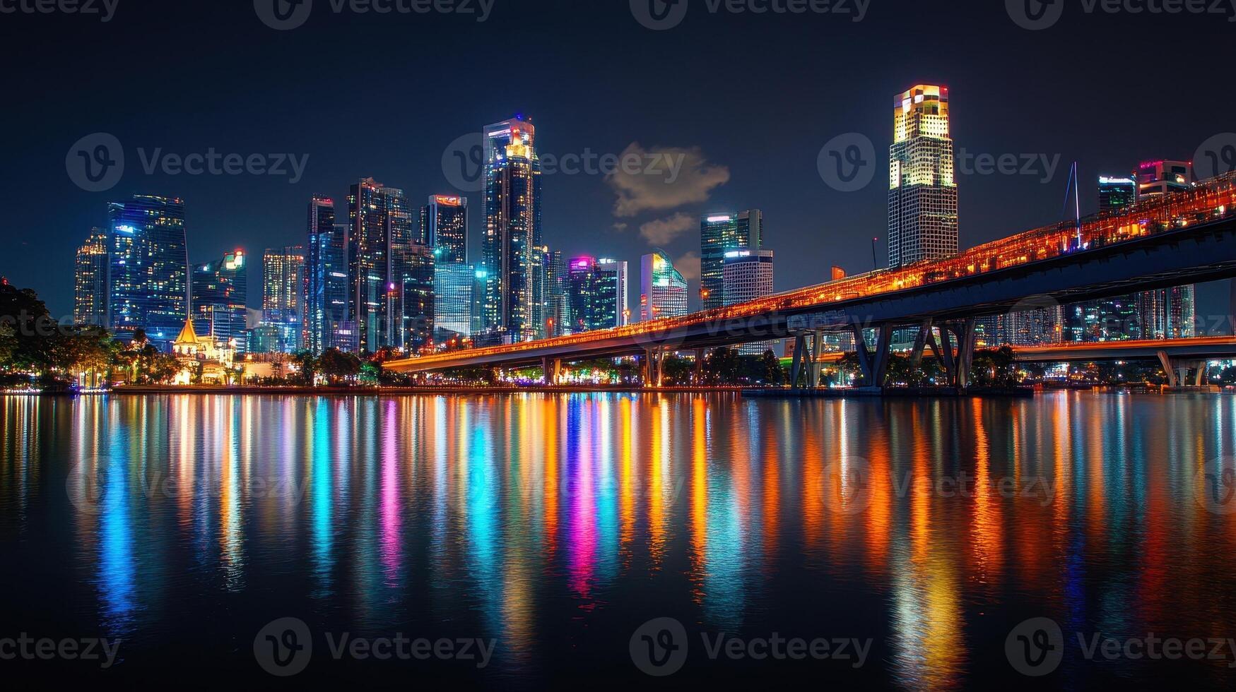Night skyline featuring illuminated buildings and a bridge reflecting in the water photo