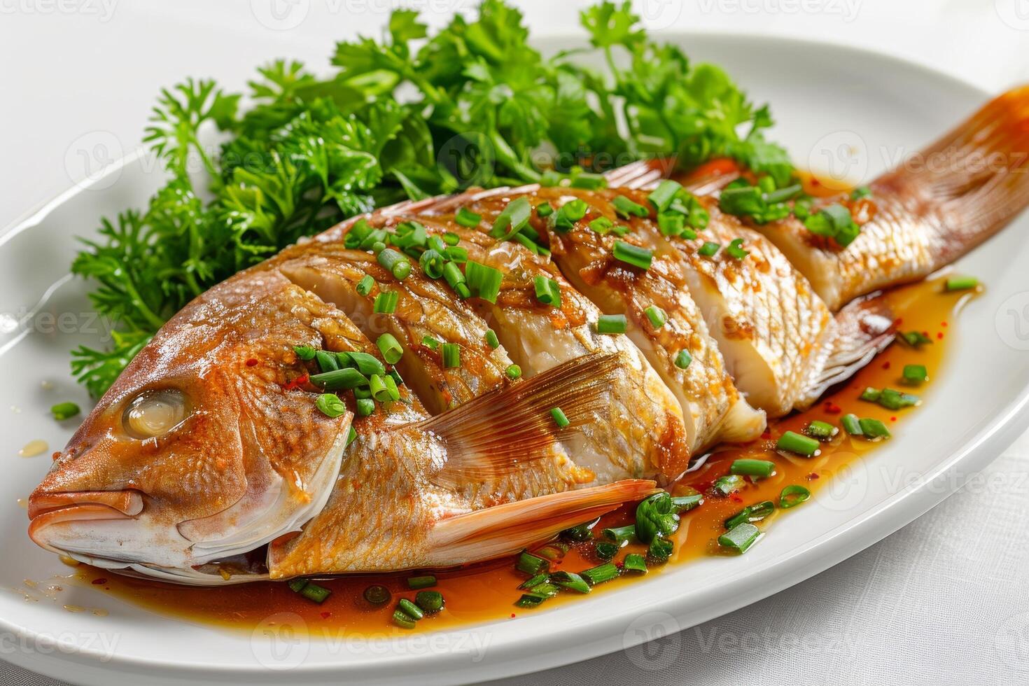 A beautifully plated whole fish garnished with herbs and sauce, ready to be served photo