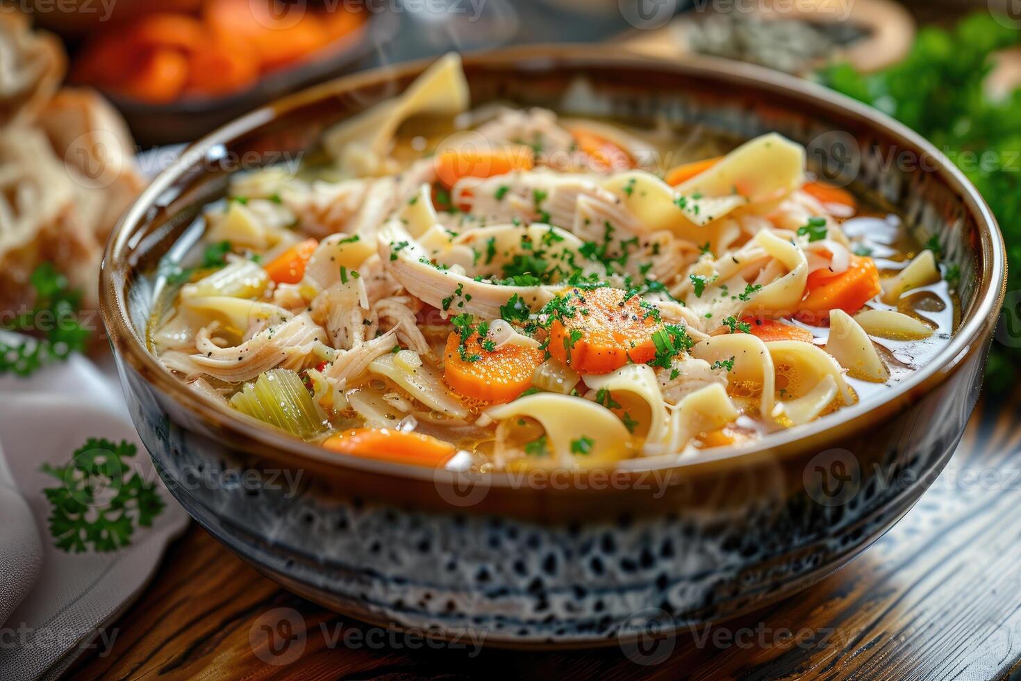 A bowl of chicken noodle soup with vegetables, garnished with herbs photo