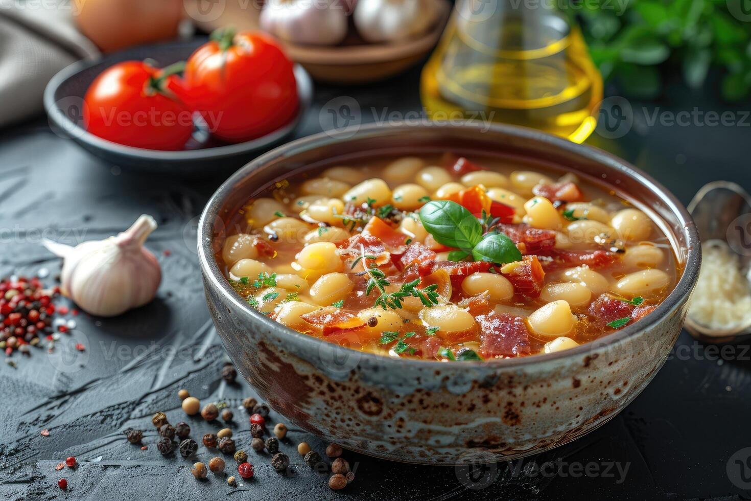 A bowl of hearty soup with pasta, herbs, and tomatoes, set in a rustic kitchen environment photo