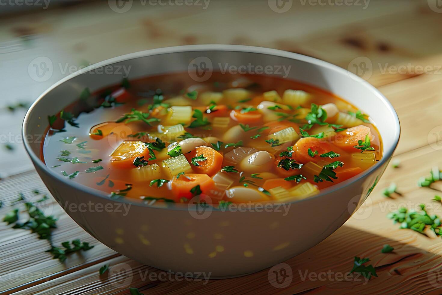 A bowl of vegetable soup with carrots, celery, and herbs, showcasing a healthy meal option photo