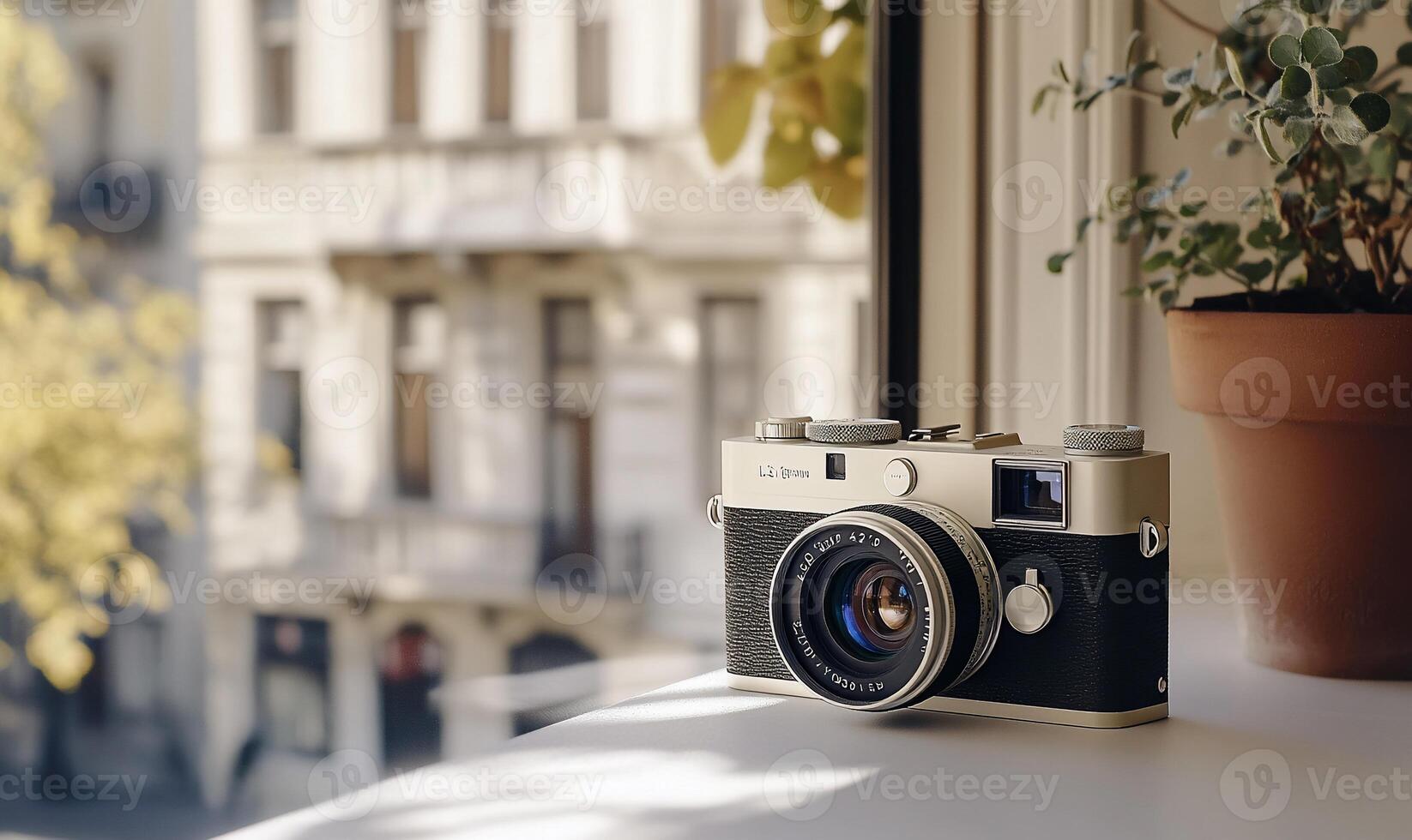 Vintage camera on windowsill, city view. photo