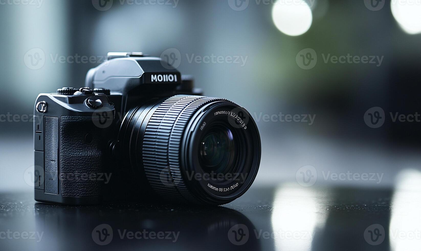 Professional DSLR camera with lens on dark surface. photo