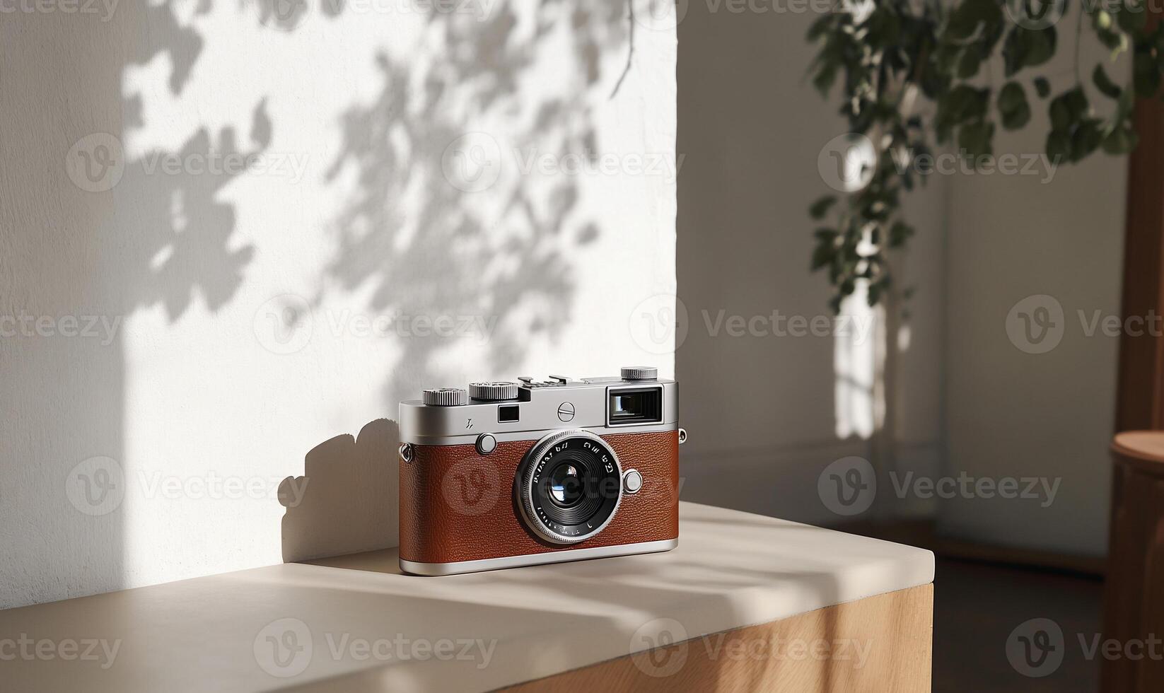 Vintage camera on wooden surface with sunlight shadows. photo