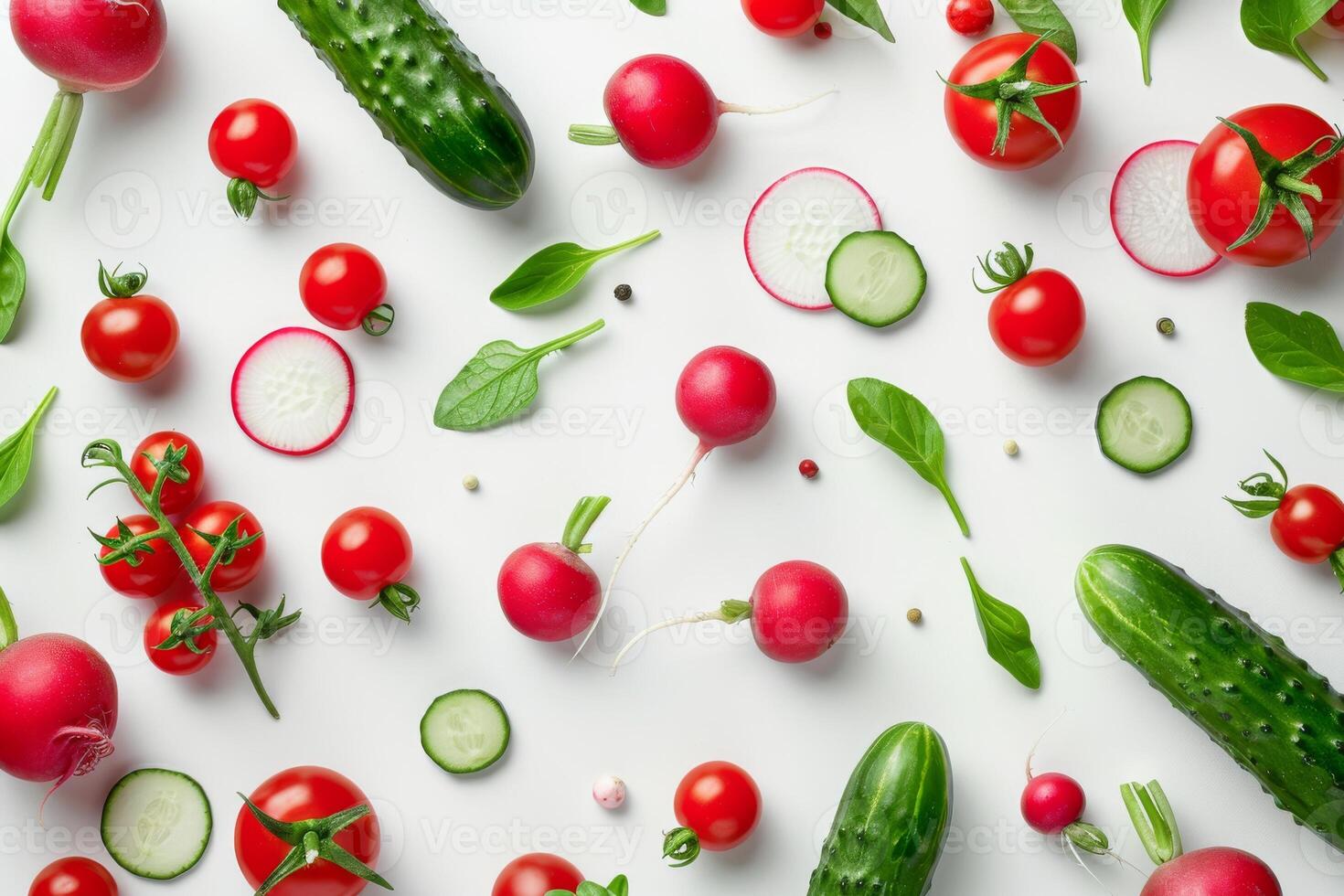 A colorful arrangement of fresh vegetables, including tomatoes, cucumbers, and radishes photo