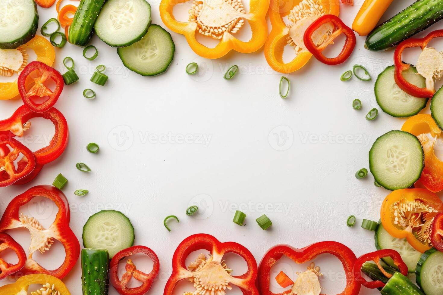 A colorful arrangement of sliced vegetables creating a frame around a blank space photo