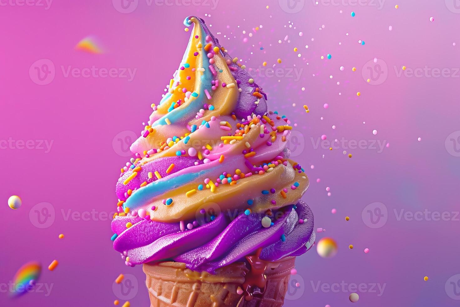 A colorful ice cream cone topped with swirls of purple and yellow, adorned with sprinkles photo