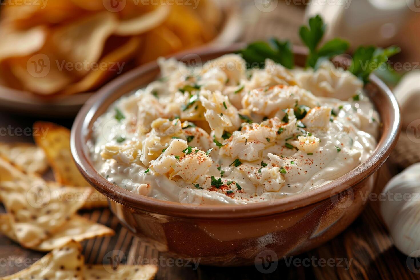 A creamy dip garnished with herbs, served with chips and crackers for snacking photo