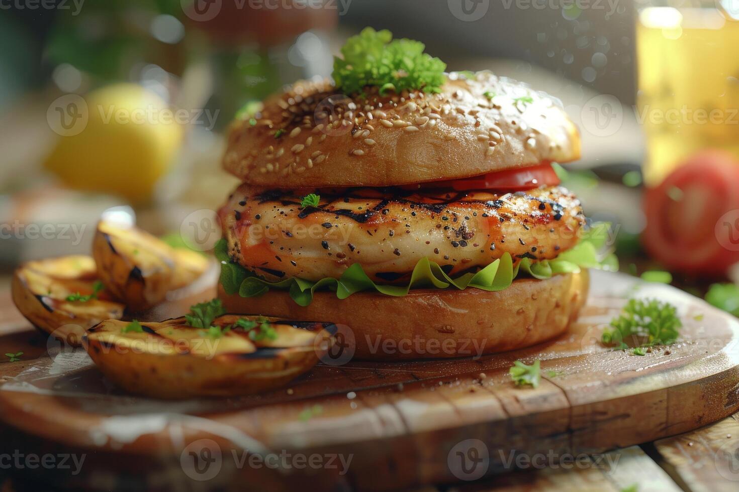 A delicious burger with grilled chicken, lettuce, and tomato, served with grilled potatoes photo