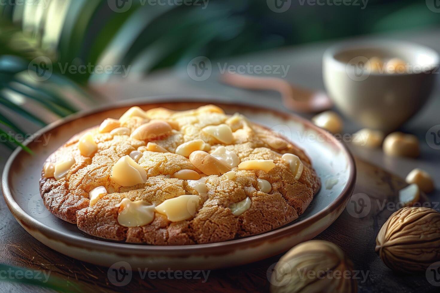 A delicious cookie topped with macadamia nuts on a rustic plate photo