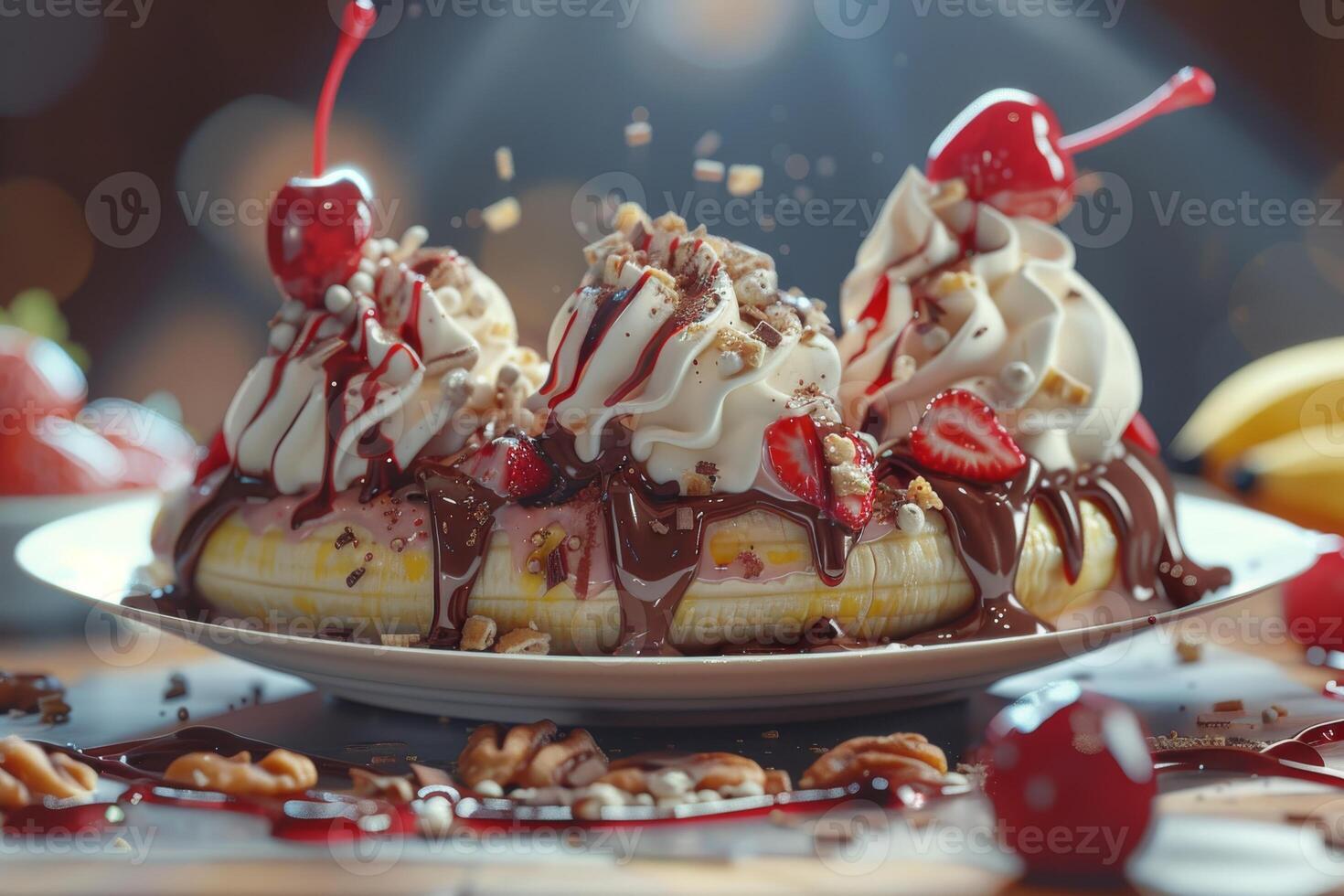 A delicious dessert featuring bananas, whipped cream, chocolate sauce, and cherries photo