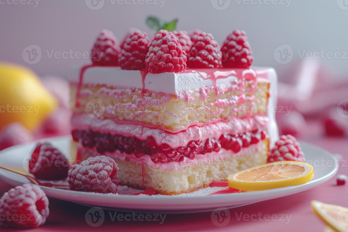 A delicious layered cake topped with raspberries and lemon slices, perfect for dessert. photo