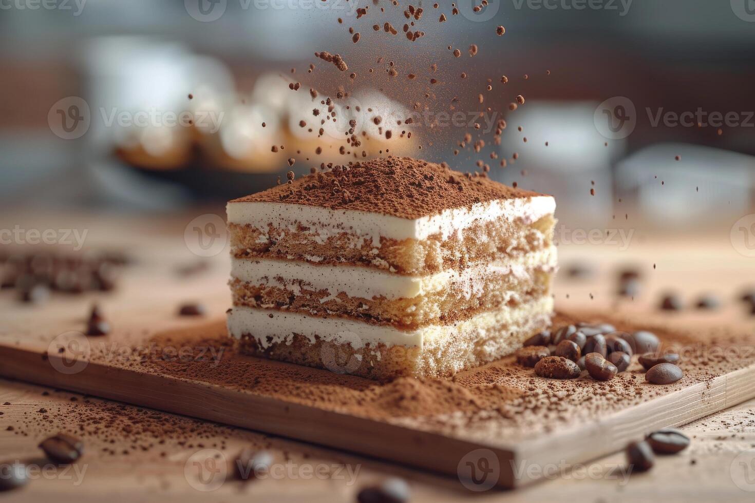 A delicious layered dessert topped with cocoa powder and coffee beans photo