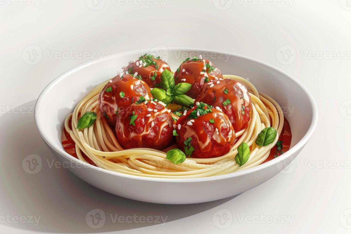 A delicious plate of spaghetti topped with meatballs and garnished with herbs photo