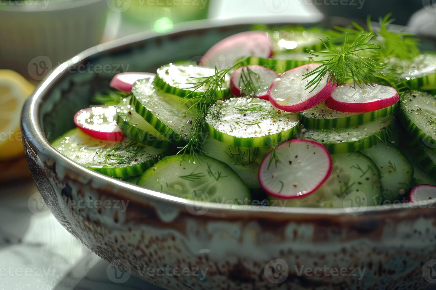 A fresh salad featuring sliced cucumbers and radishes garnished with dill photo