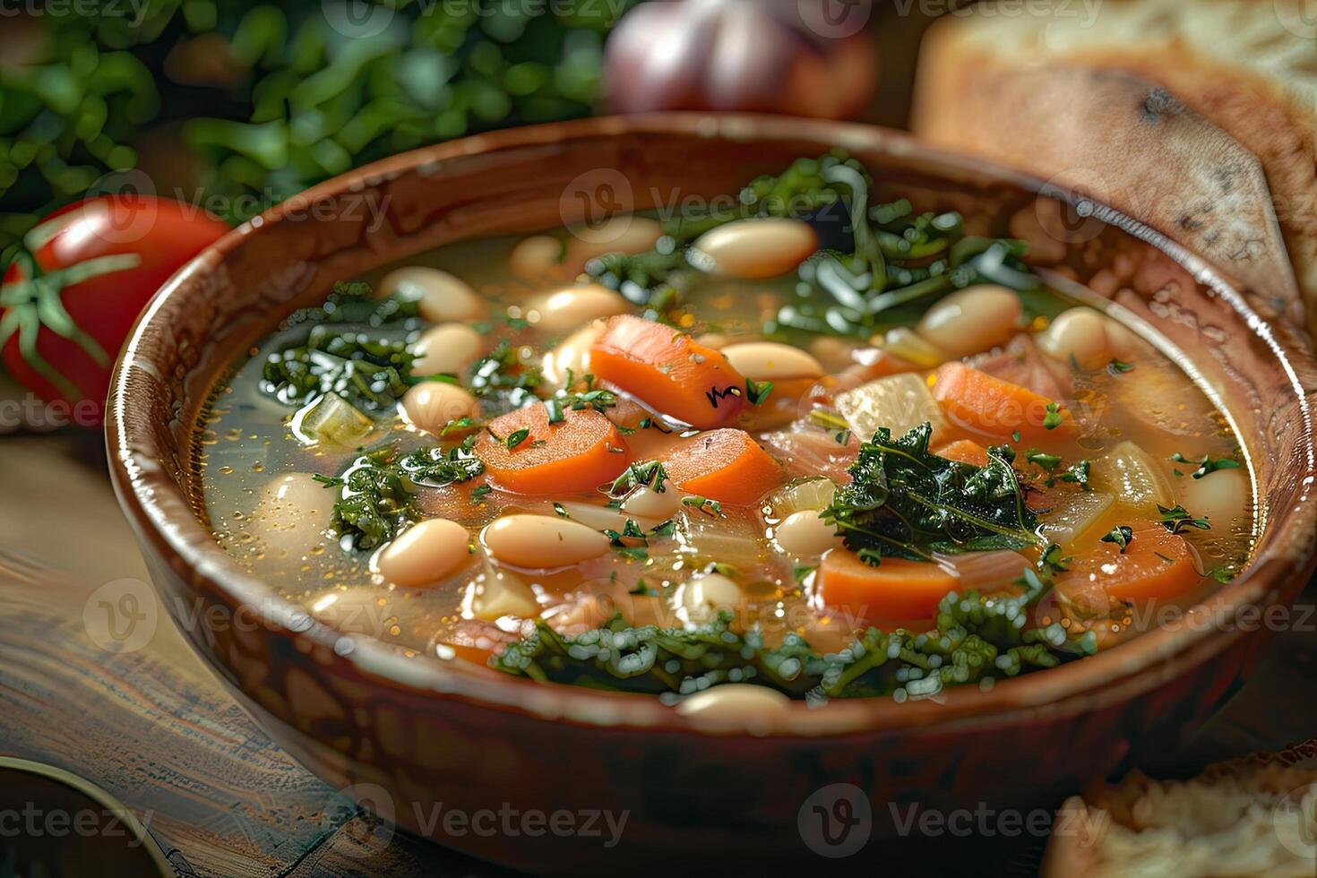 A hearty vegetable soup filled with carrots, beans, and greens in a rustic bowl photo
