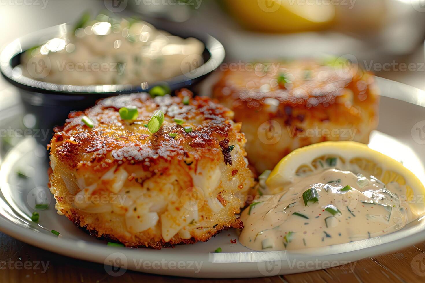 A plate of crab cakes served with sauces and lemon wedges photo