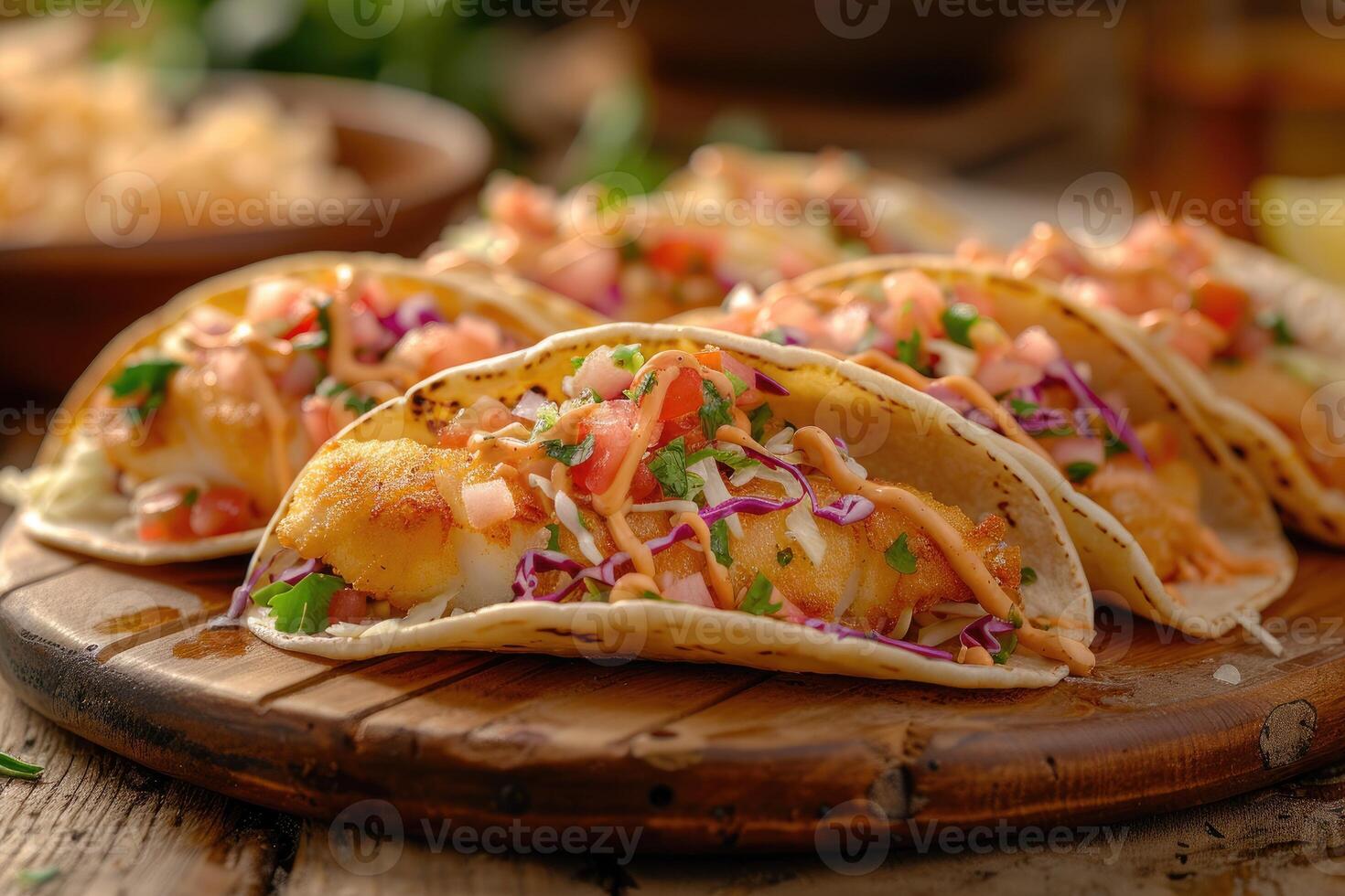 A platter of delicious tacos filled with fish, vegetables, and toppings, served on a wooden board photo