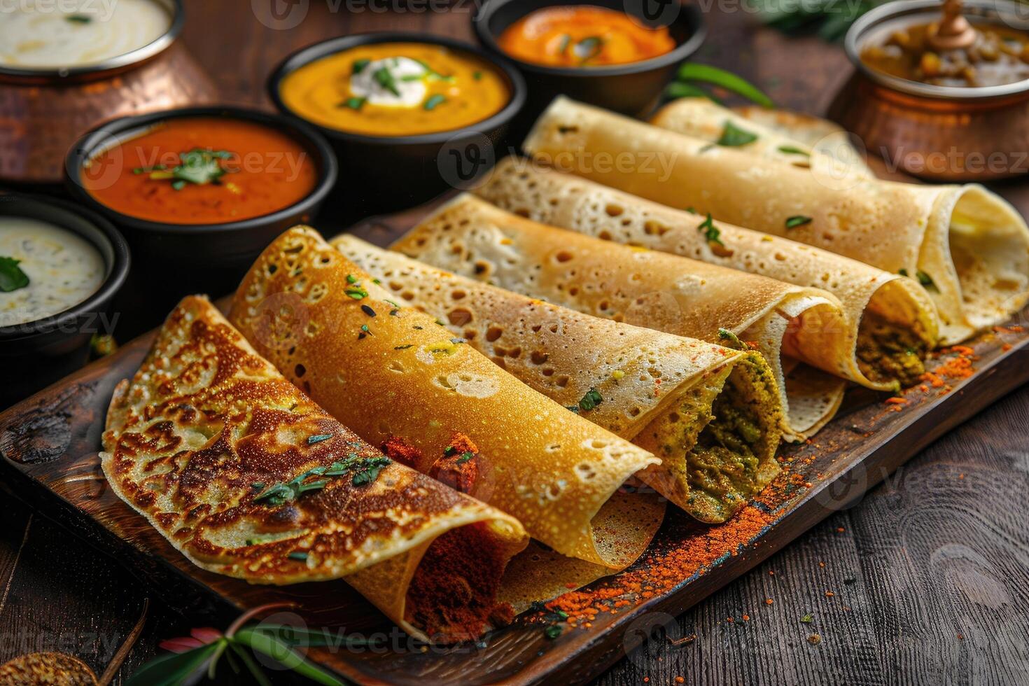 A platter of various types of dosa served with colorful chutneys and sauces photo