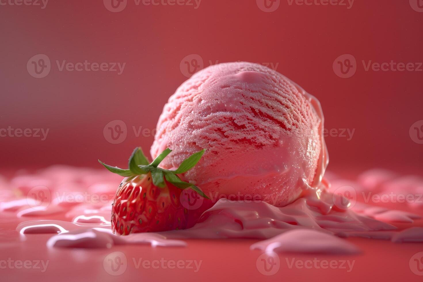 A scoop of strawberry ice cream with a fresh strawberry on a pink surface photo
