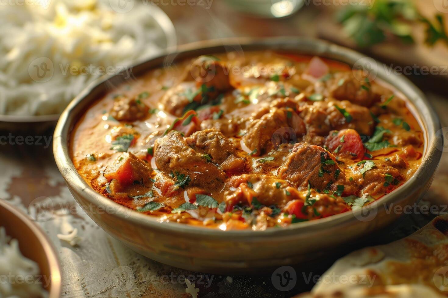 A steaming bowl of flavorful meat curry garnished with herbs, served with rice and bread photo