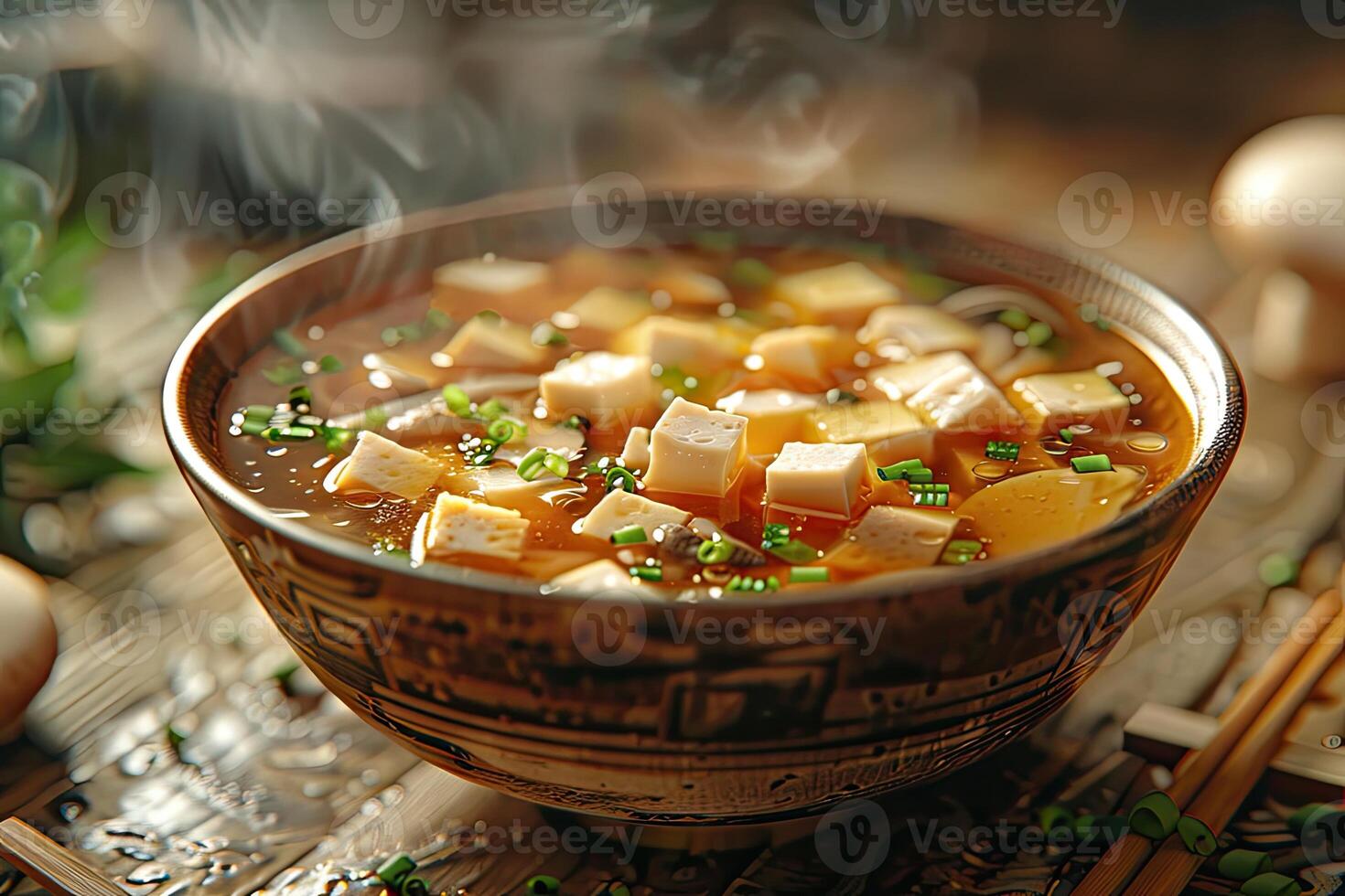 A steaming bowl of soup with tofu and vegetables, served in a decorative bowl photo
