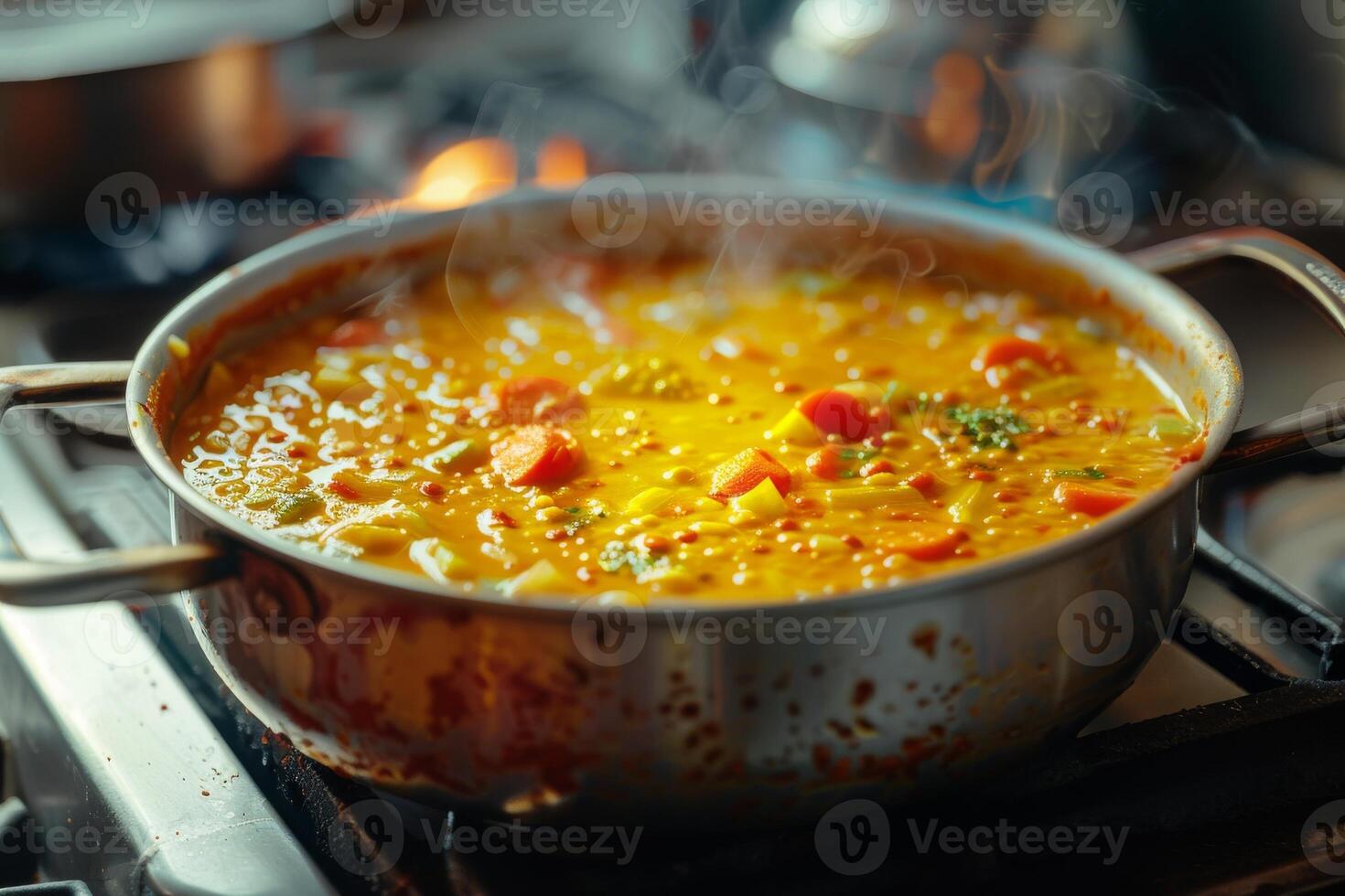 A steaming pot of colorful vegetable soup simmering on a stove photo