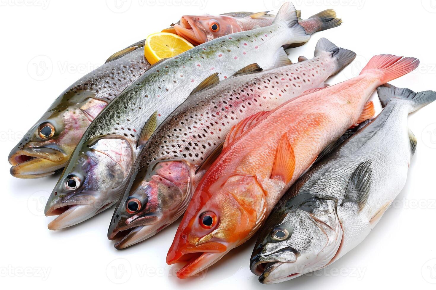 A variety of fresh fish arranged with a slice of lemon for culinary presentation photo