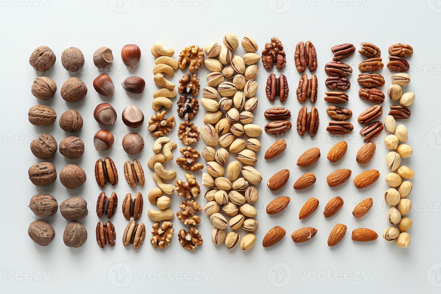 A variety of nuts arranged neatly in rows for display or culinary use photo