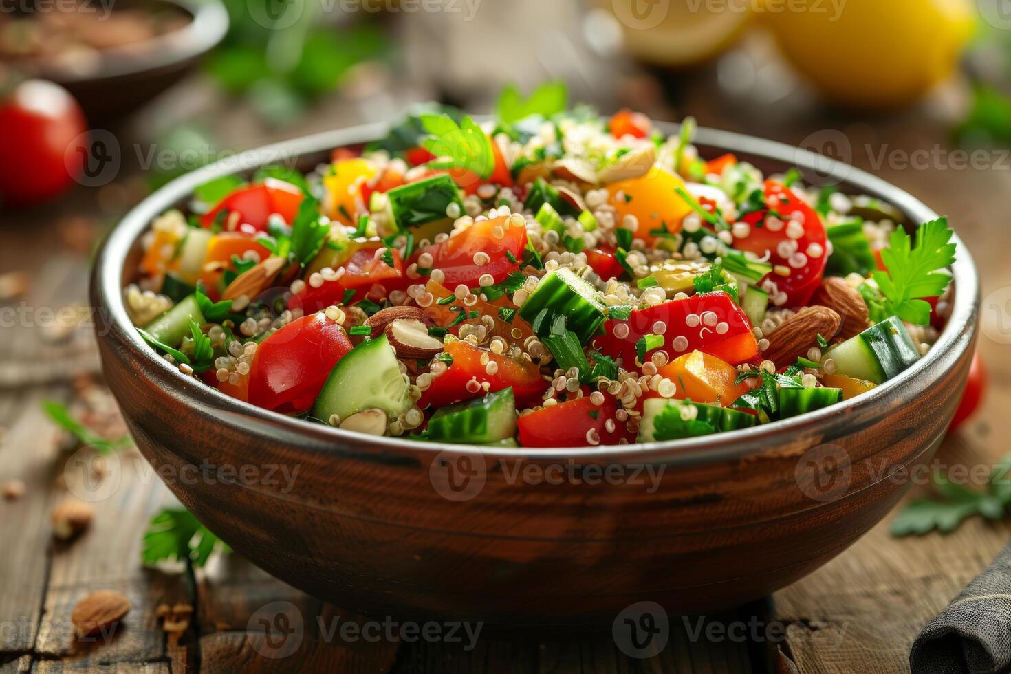 A vibrant quinoa salad with fresh vegetables and nuts in a wooden bowl photo