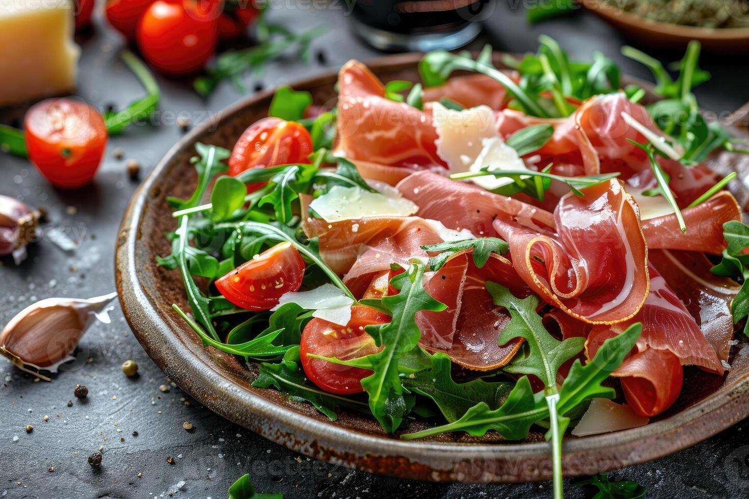 A vibrant salad featuring arugula, prosciutto, cherry tomatoes, and cheese photo