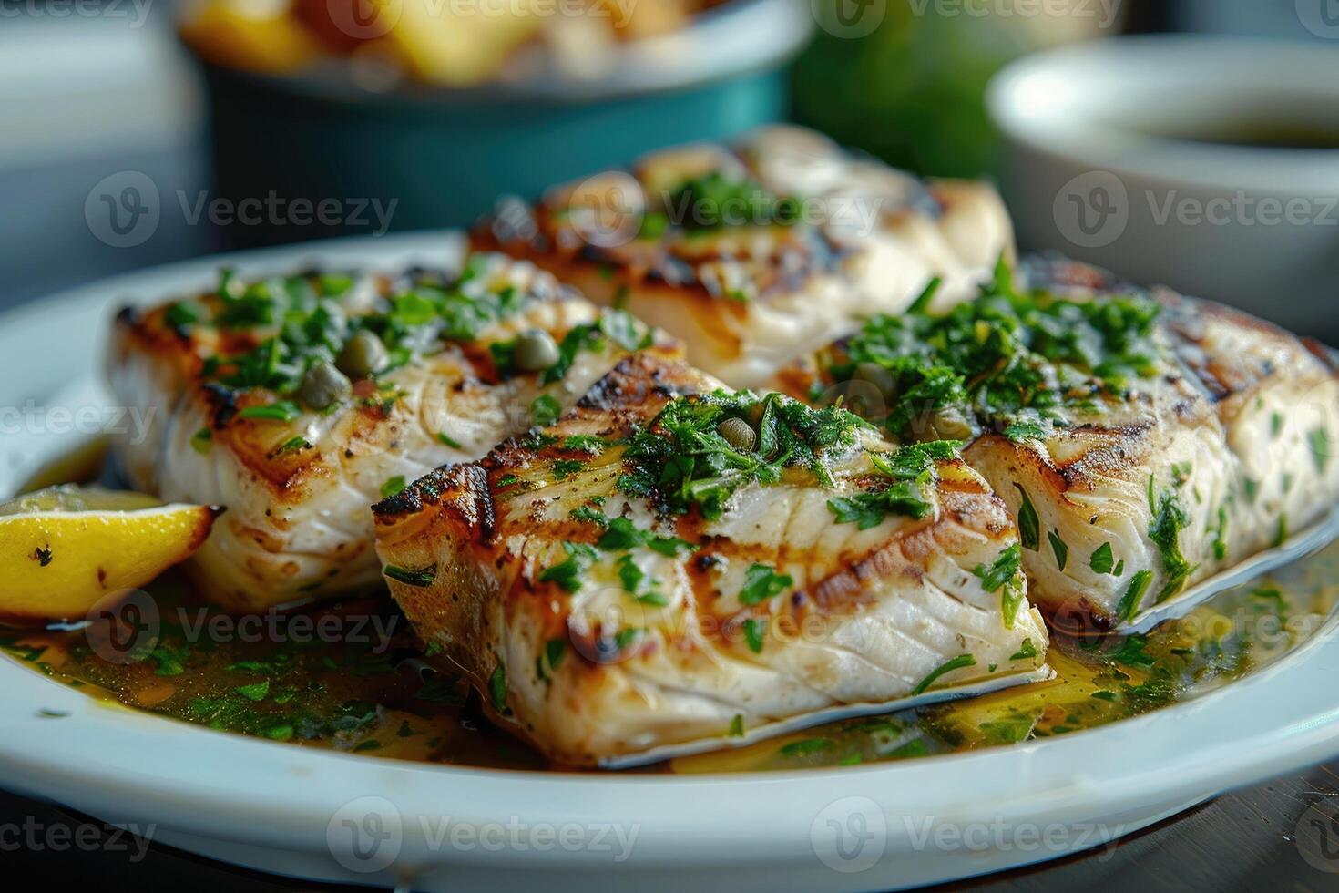 Grilled fish fillets garnished with herbs and lemon on a plate photo