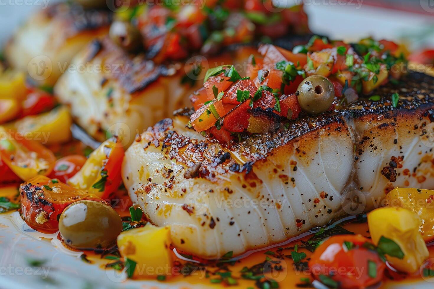 Grilled fish fillets topped with fresh salsa and colorful vegetables, served on a plate photo