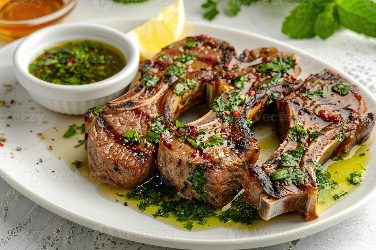 Grilled meat dish garnished with herbs and served with dipping sauce photo