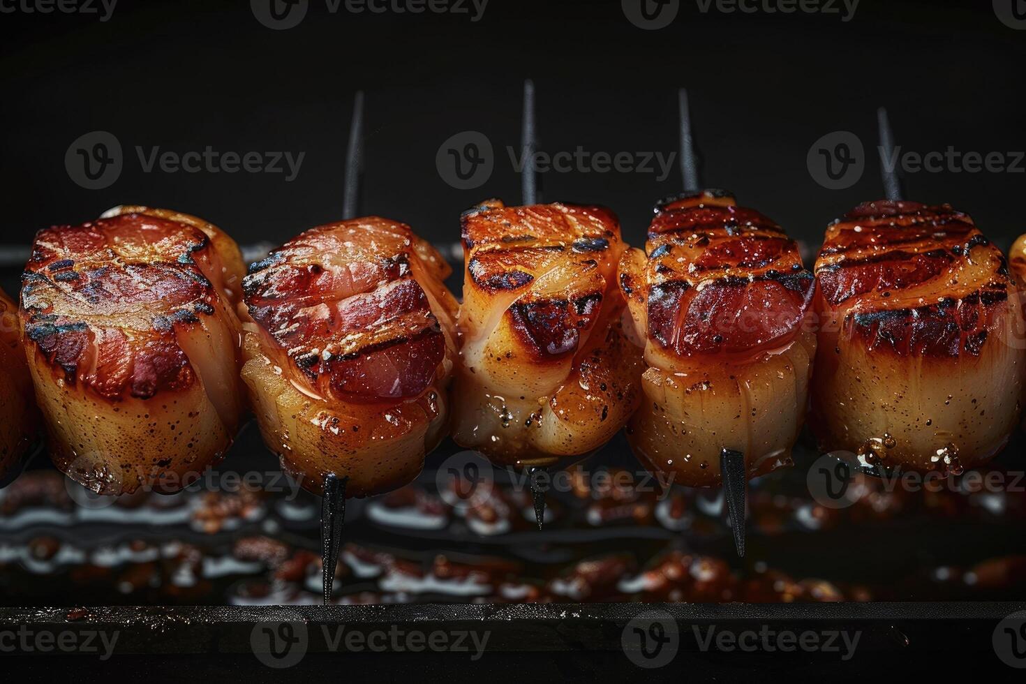 Grilled skewers of meat with a smoky glaze, showcasing a delicious barbecue dish photo