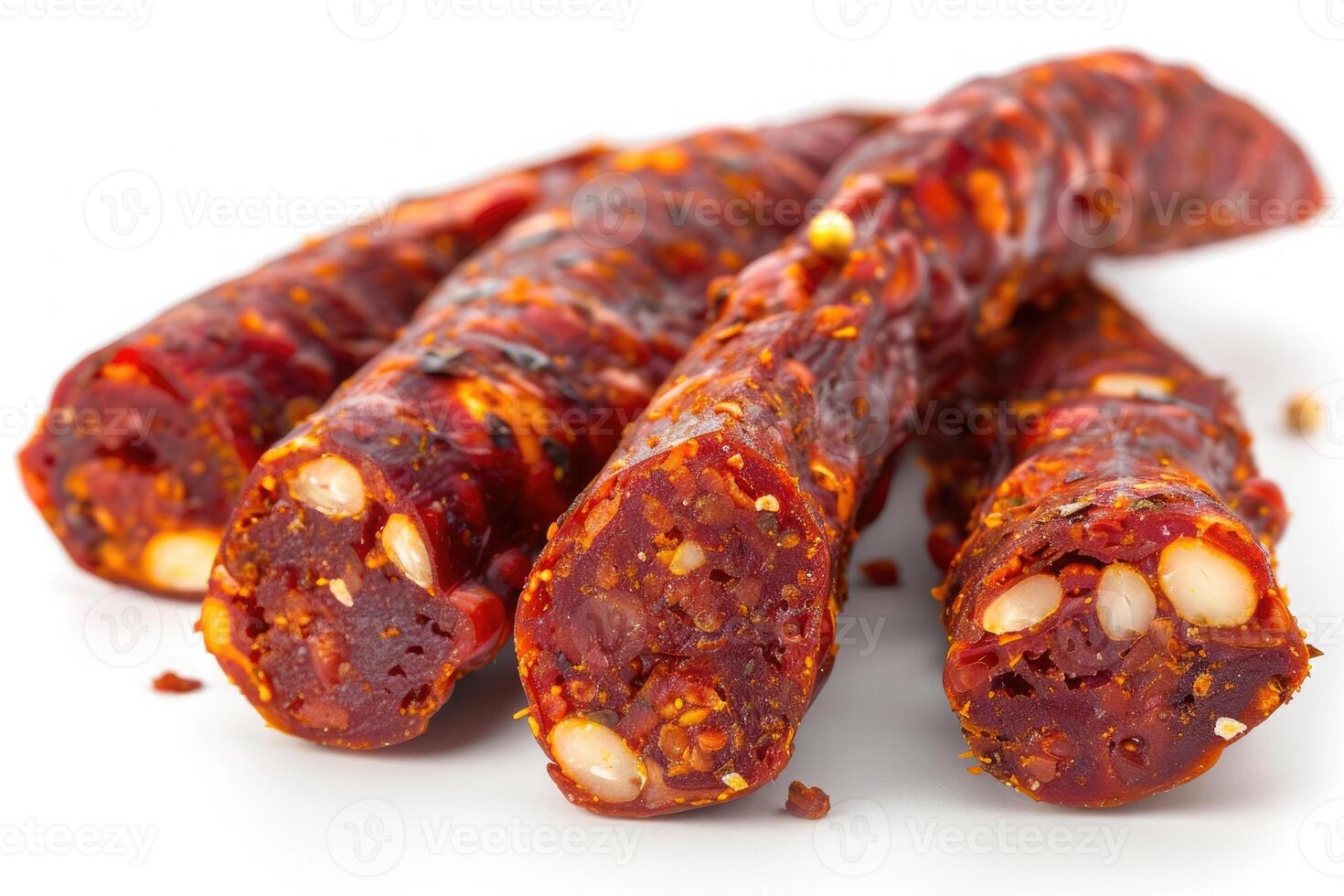 Slices of spicy sausage with visible seeds, showcasing a rich red color and texture photo