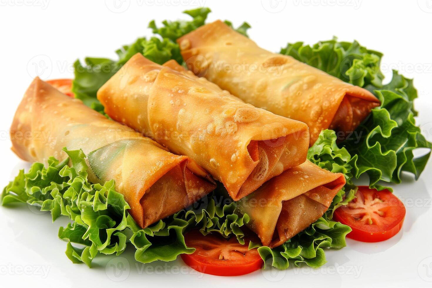 Three crispy spring rolls served on a bed of lettuce and garnished with tomato slices photo