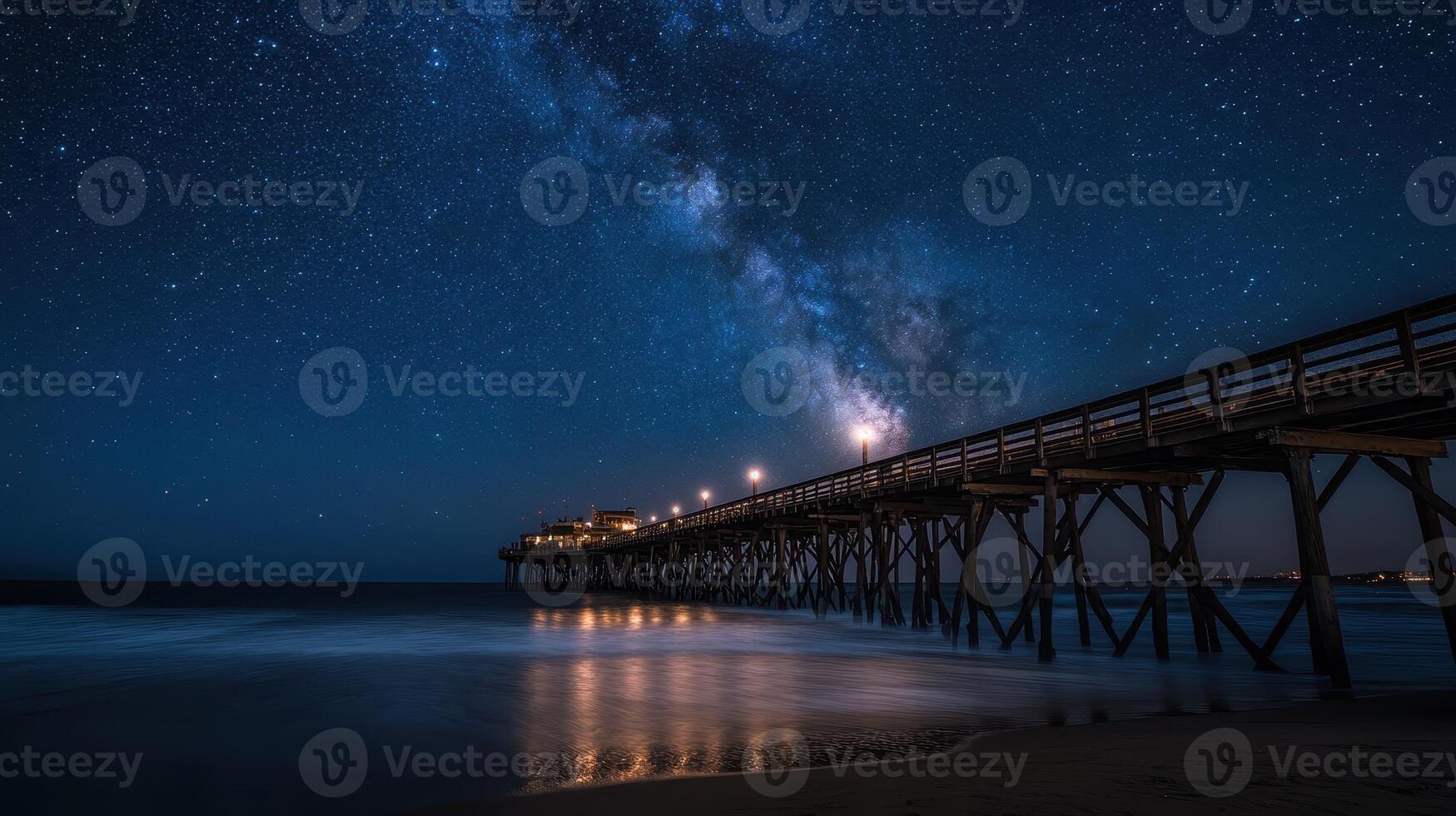 A serene night scene of a pier under a starry sky, showcasing the Milky Way. photo