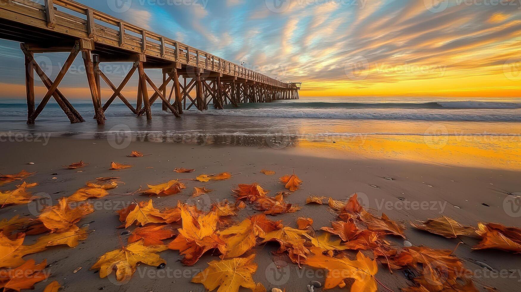 A serene sunset view over a pier with autumn leaves on the sandy beach. photo