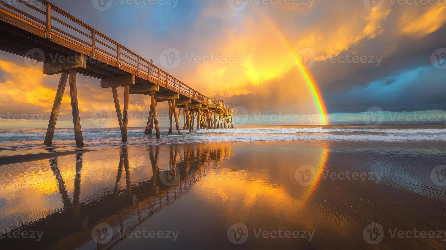 A stunning sunset with a rainbow over a pier, reflecting on the wet sand photo