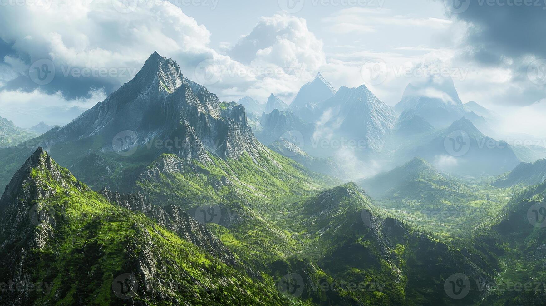 A breathtaking mountain landscape with lush greenery and dramatic peaks under a cloudy sky. photo