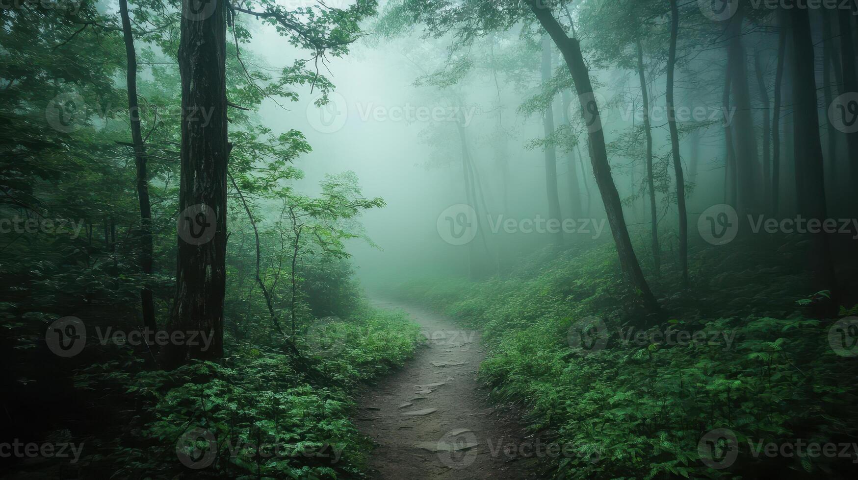 A misty forest path surrounded by lush greenery, evoking a sense of tranquility and mystery photo
