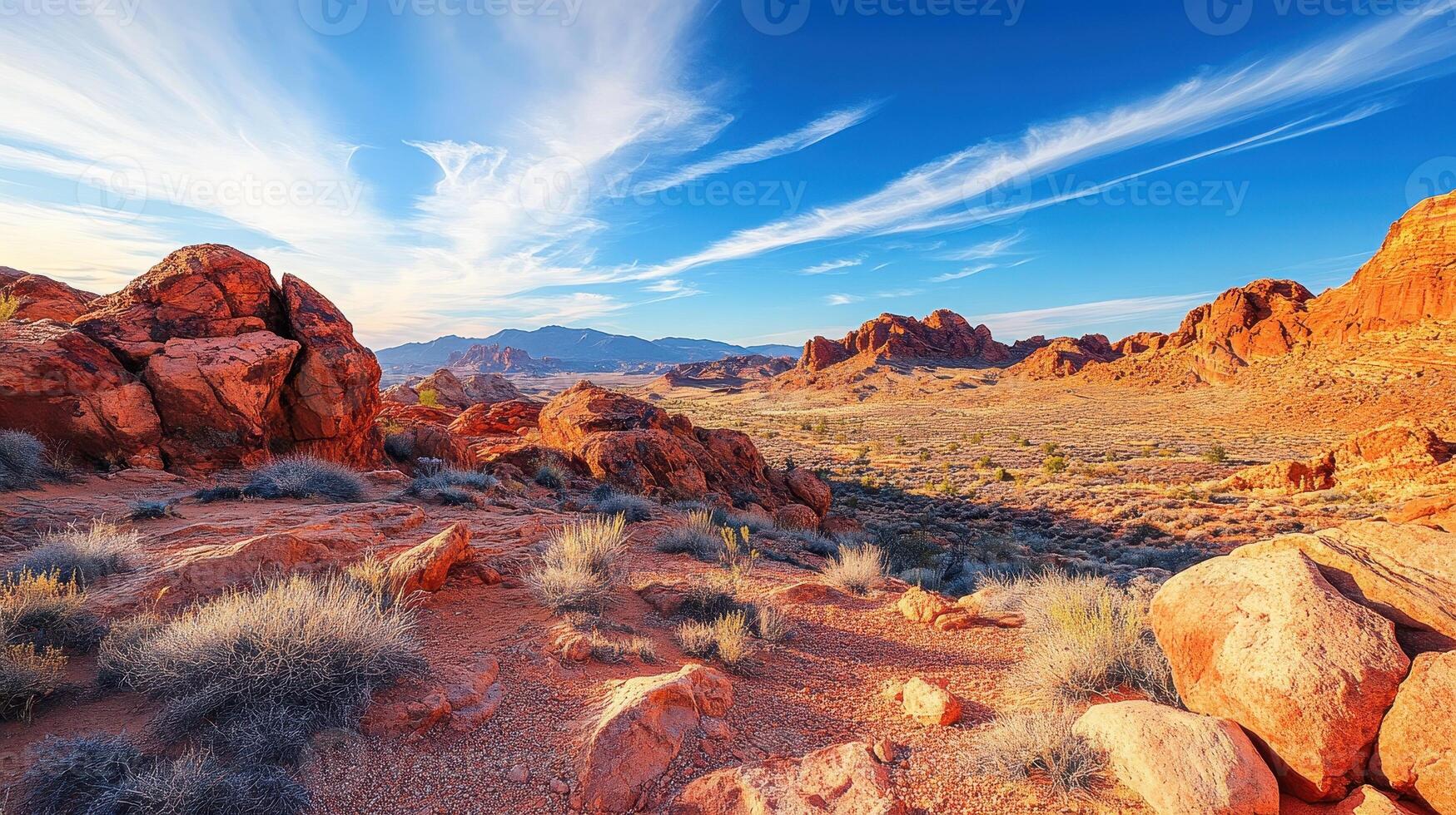 A scenic view of a desert landscape with red rock formations and a clear blue sky photo